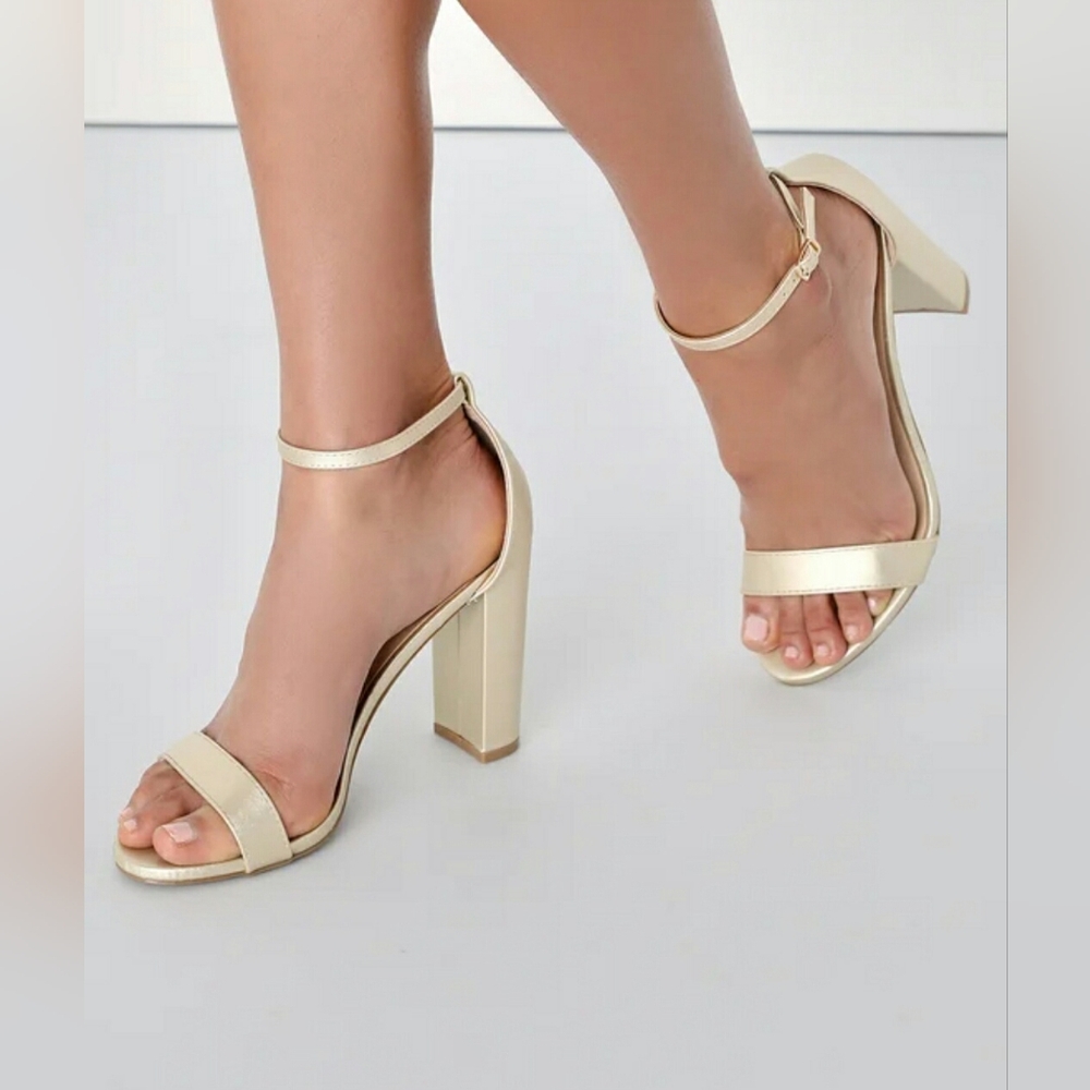 Lulus Dressy Taylor Metallic Champagne Gold Block Ankle Strap Chunky Heels - Picture 11 of 11
